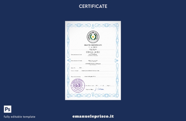 Modello PSD del certificato di morte del documento di stato civile del Paraguay 